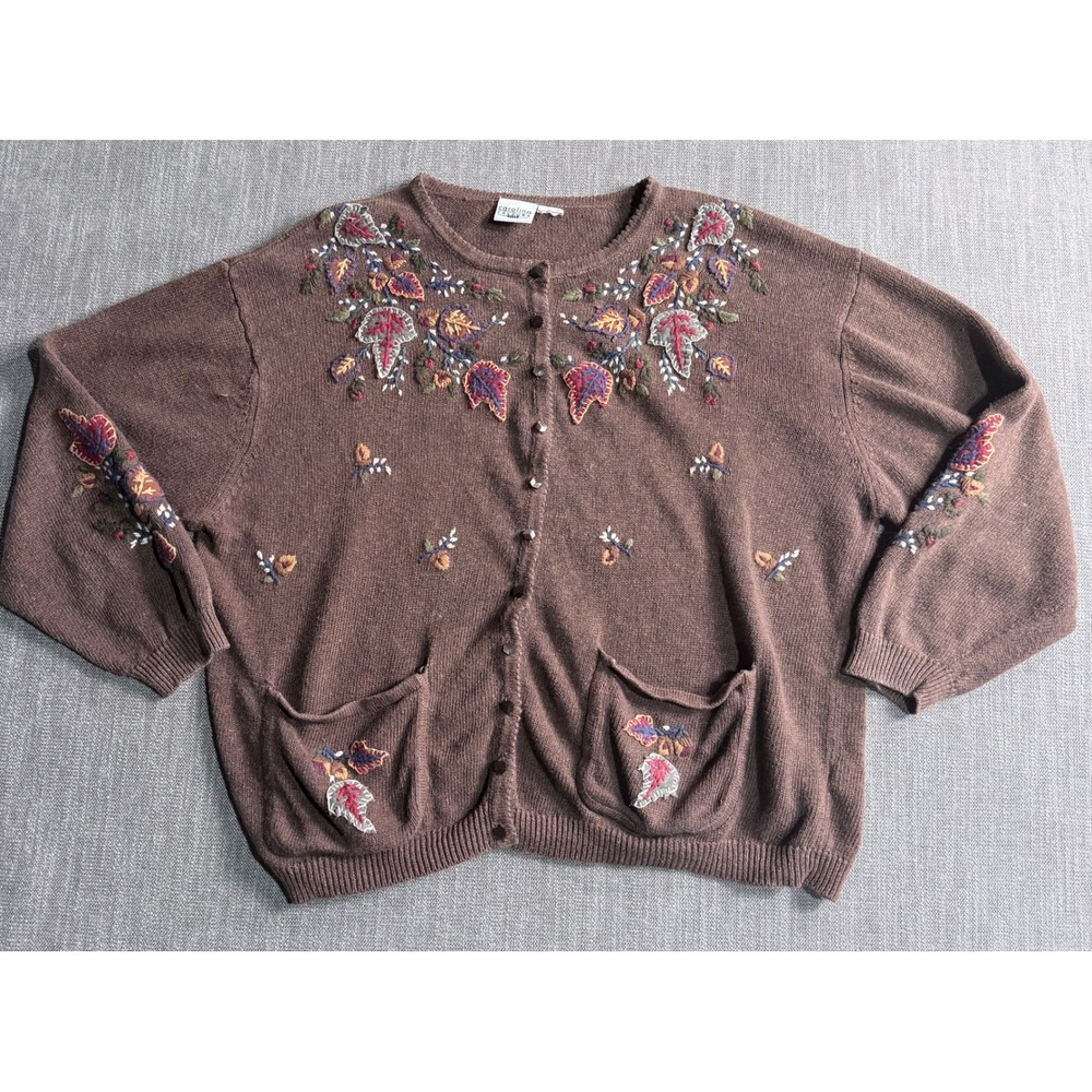 Carolina Colours Plus Vintage Brown Embroidered Floral Leaf Cardigan Sweater